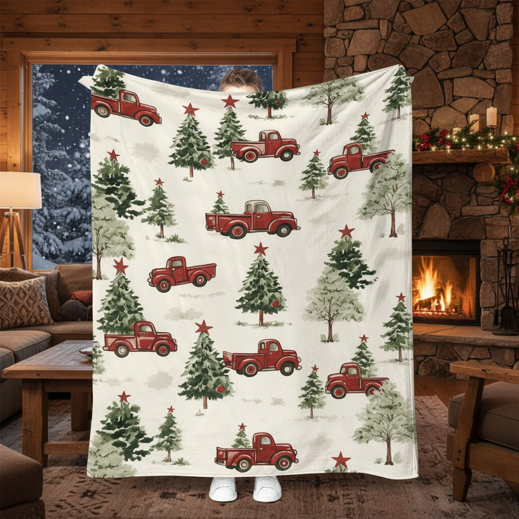 Person holding a Christmas-themed blanket with red trucks and trees in a room with a window.