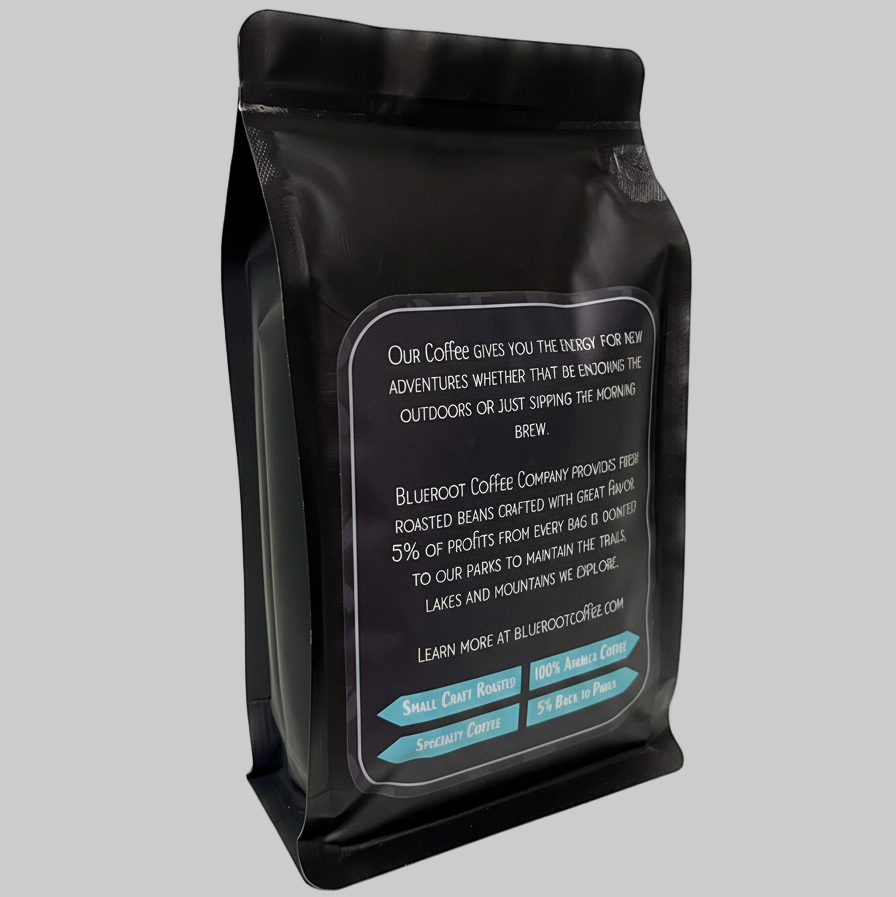Black coffee bag with text on a gray background