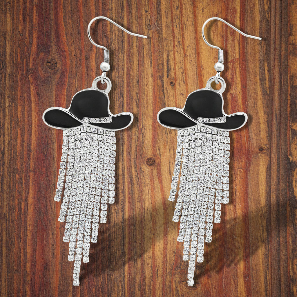Sparkle Cowgirl Hat Fringe Earrings – Rhinestone Tassel Dangle Jewelry