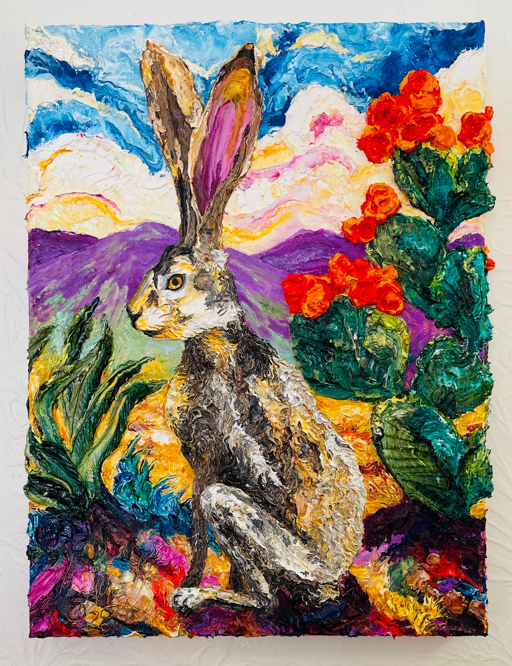 Jackrabbit and Blooming Cactus Original Oil Painting