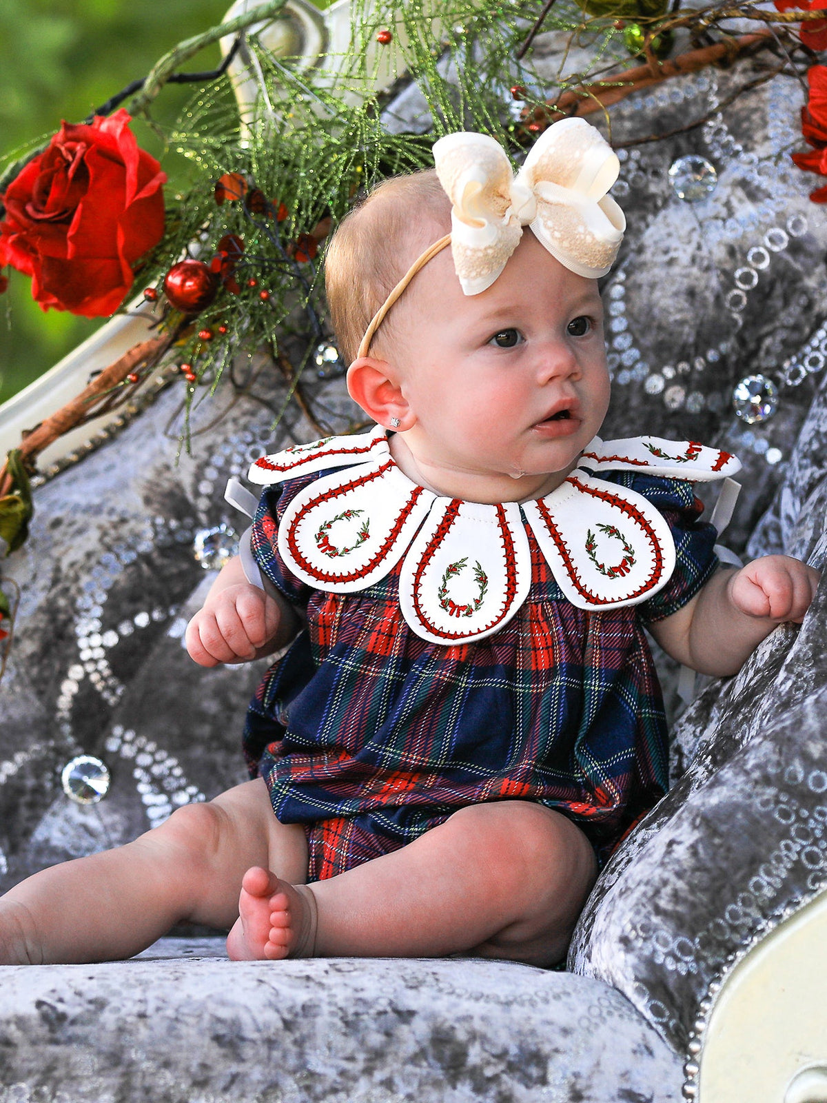 Baby Girls Navy & Red Plaid Christmas Wreath Romper