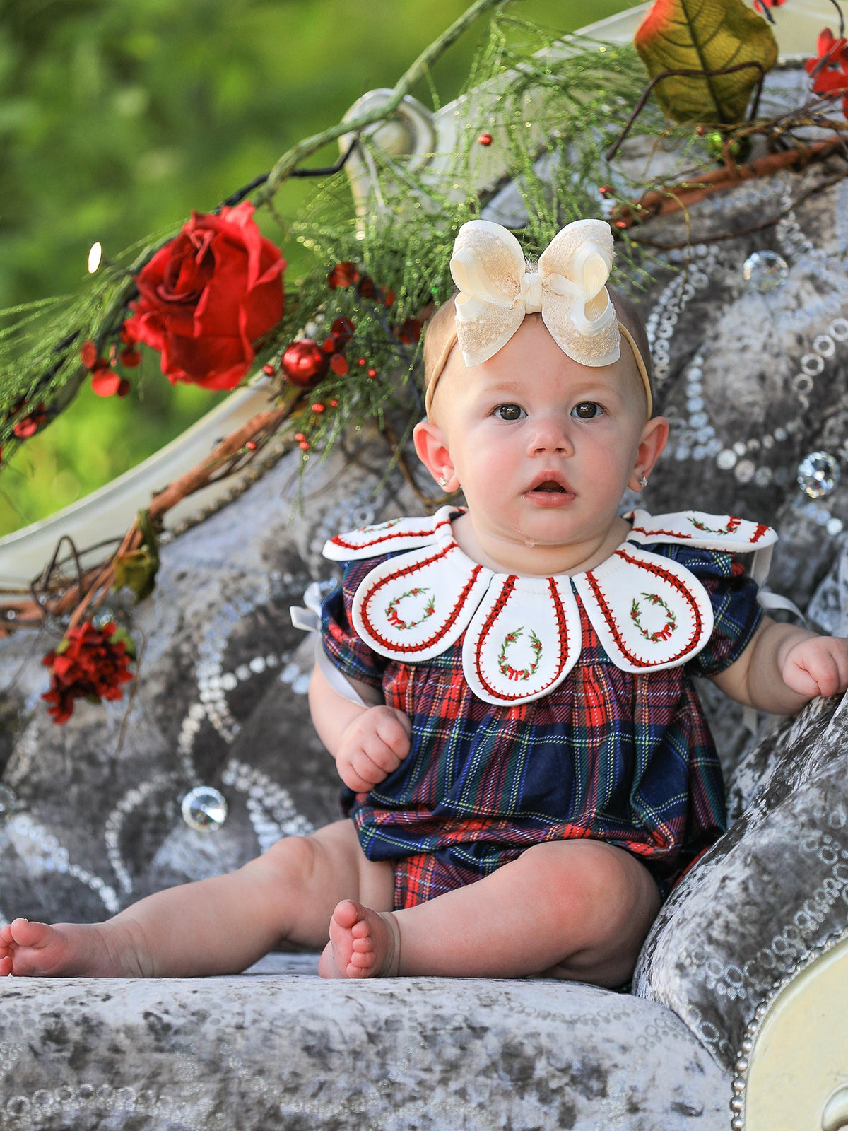 Baby Girls Navy & Red Plaid Christmas Wreath Romper