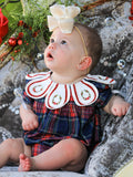 Baby Girls Navy & Red Plaid Christmas Wreath Romper