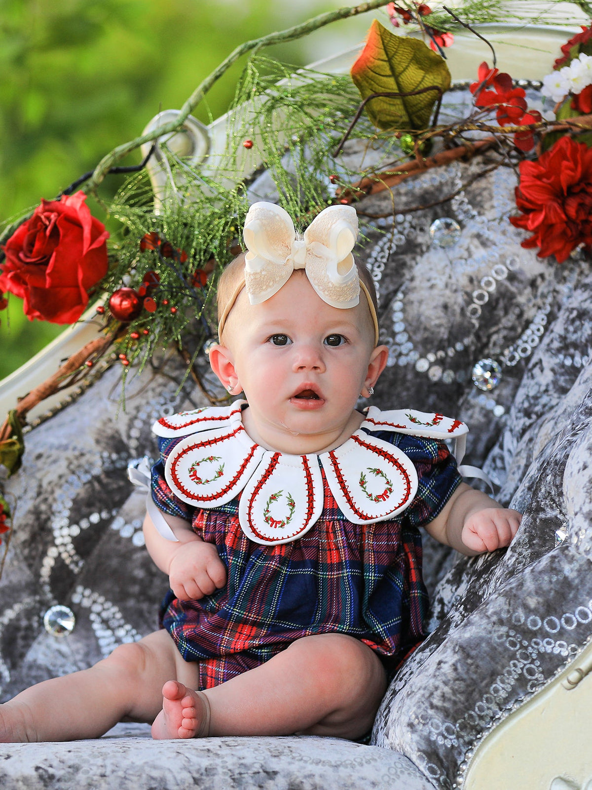 Baby Girls Navy & Red Plaid Christmas Wreath Romper