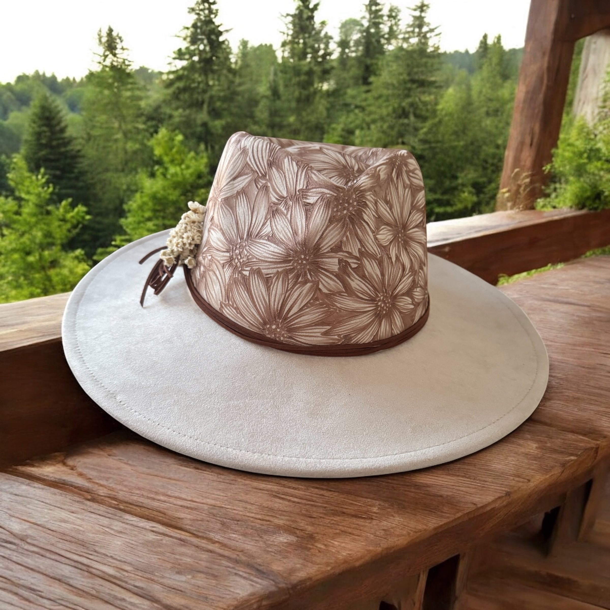 Playful Daisies- Burned Wide Brim Fedora