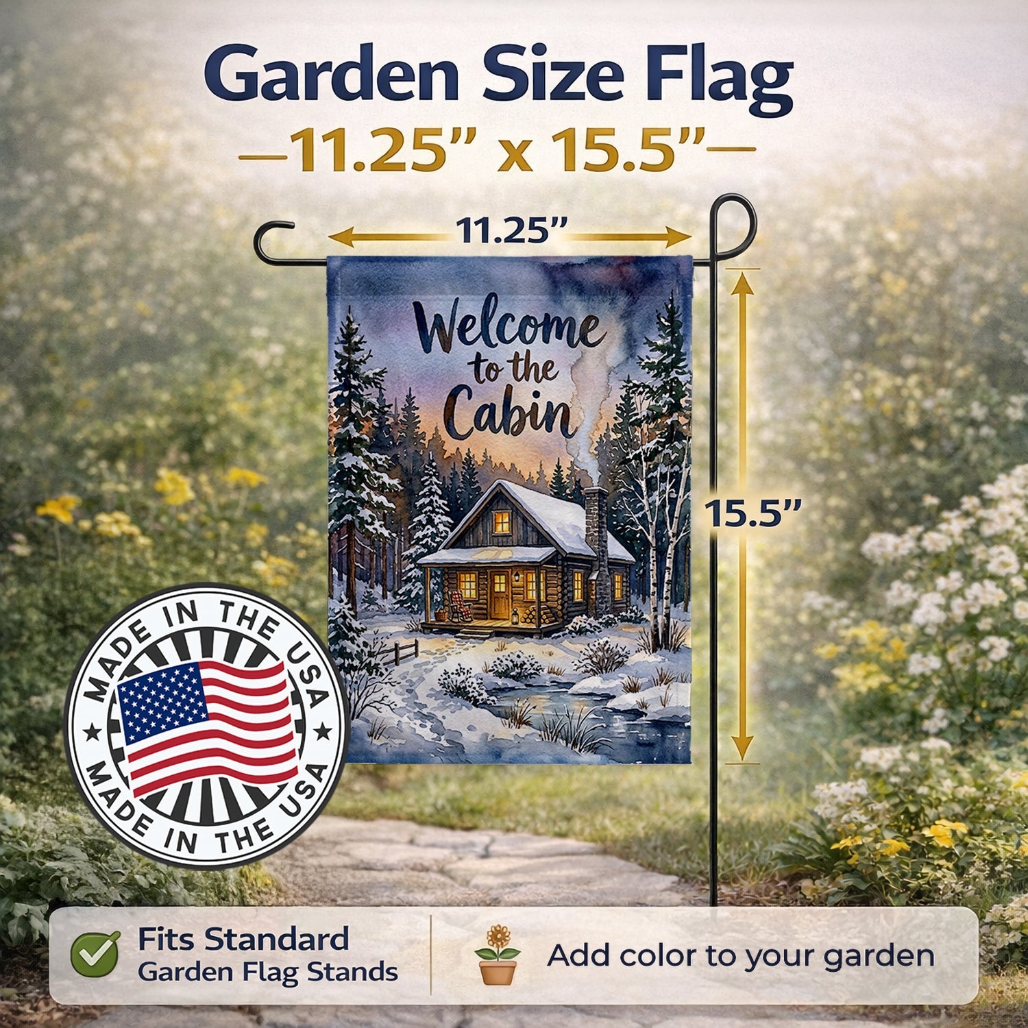 Snowy Cabin Welcome Garden Flag