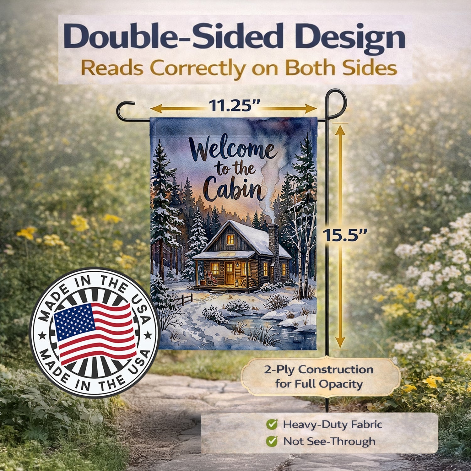 Snowy Cabin Welcome Garden Flag