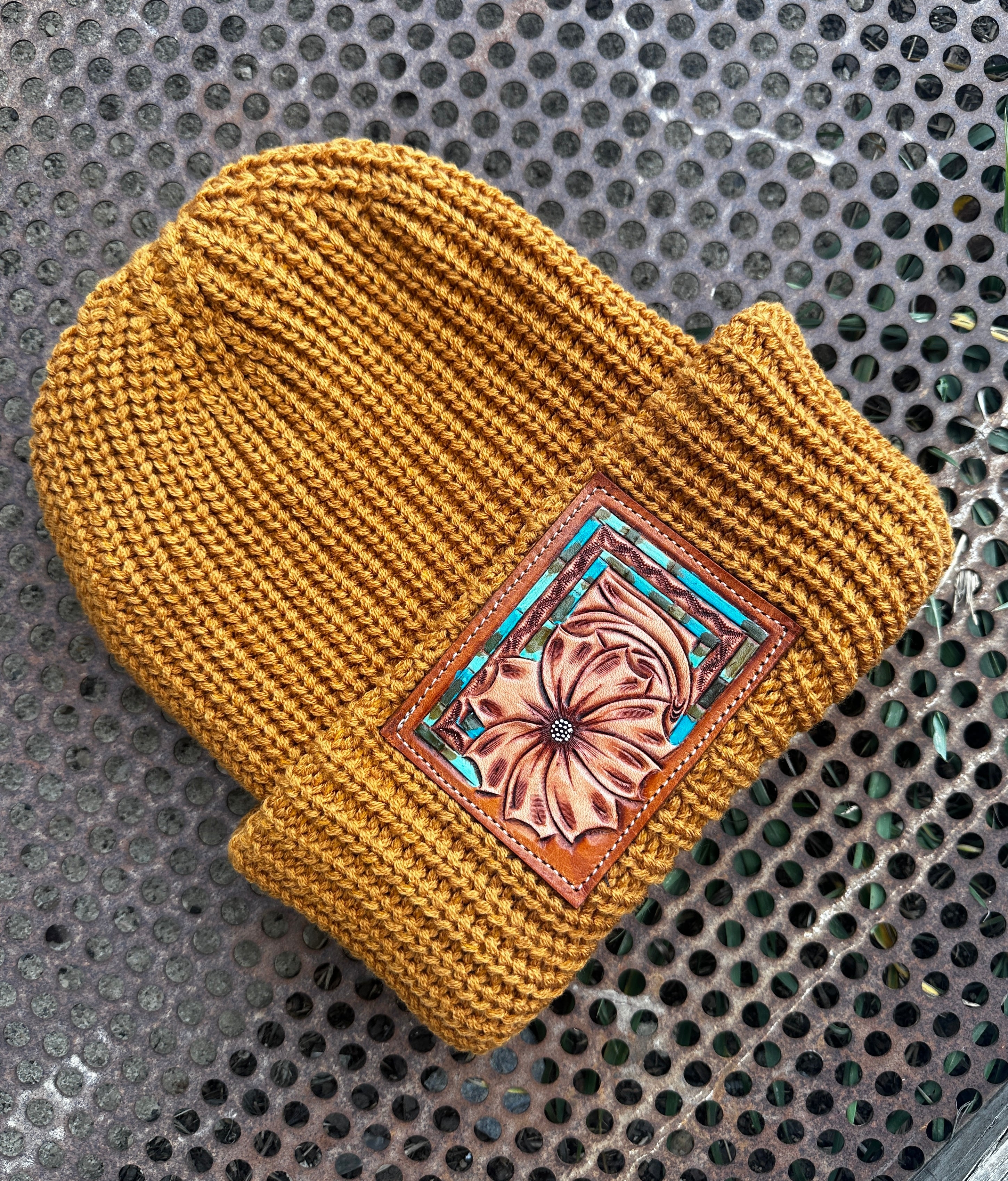 Daisy Handtooled Leather Patch Beanie