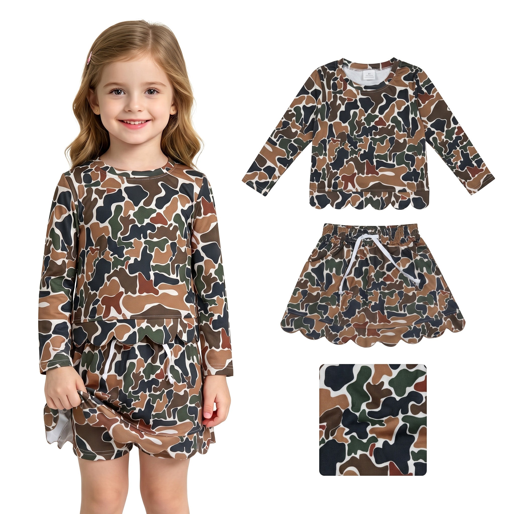 Girls' Brown Camo Scallop Top & Skirt Set