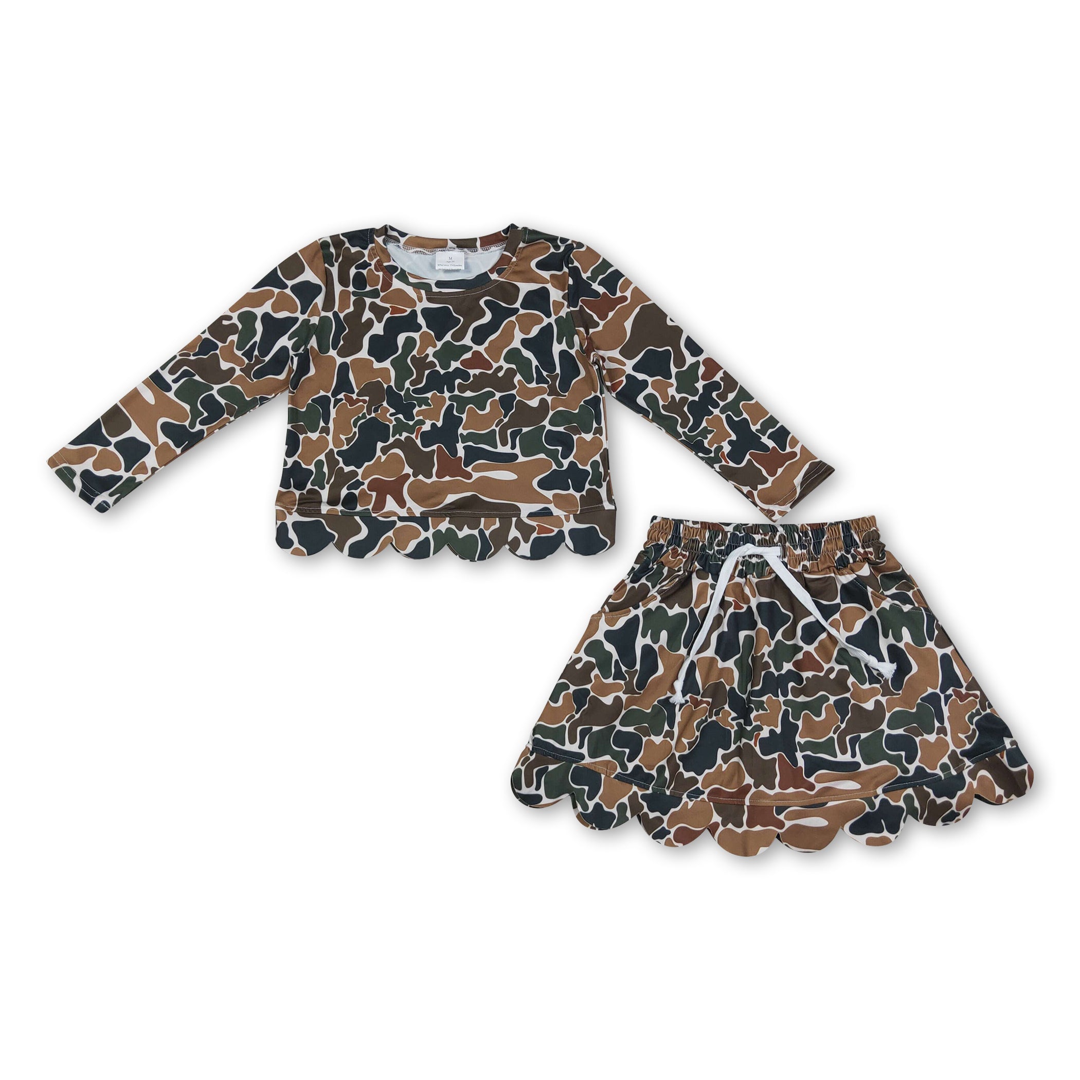 Girls' Brown Camo Scallop Top & Skirt Set
