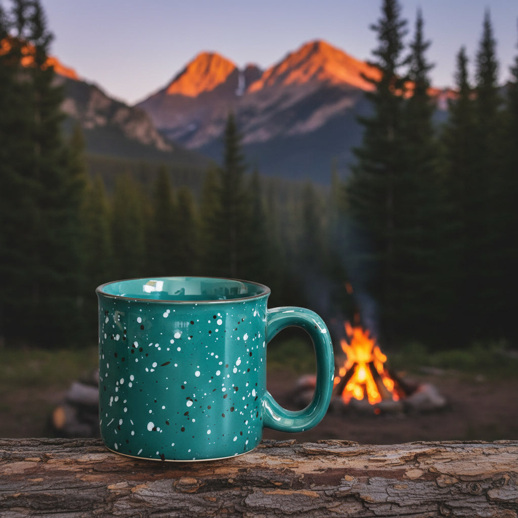 Teal mug on a wooden stump in front of a campfire with mountains in the background