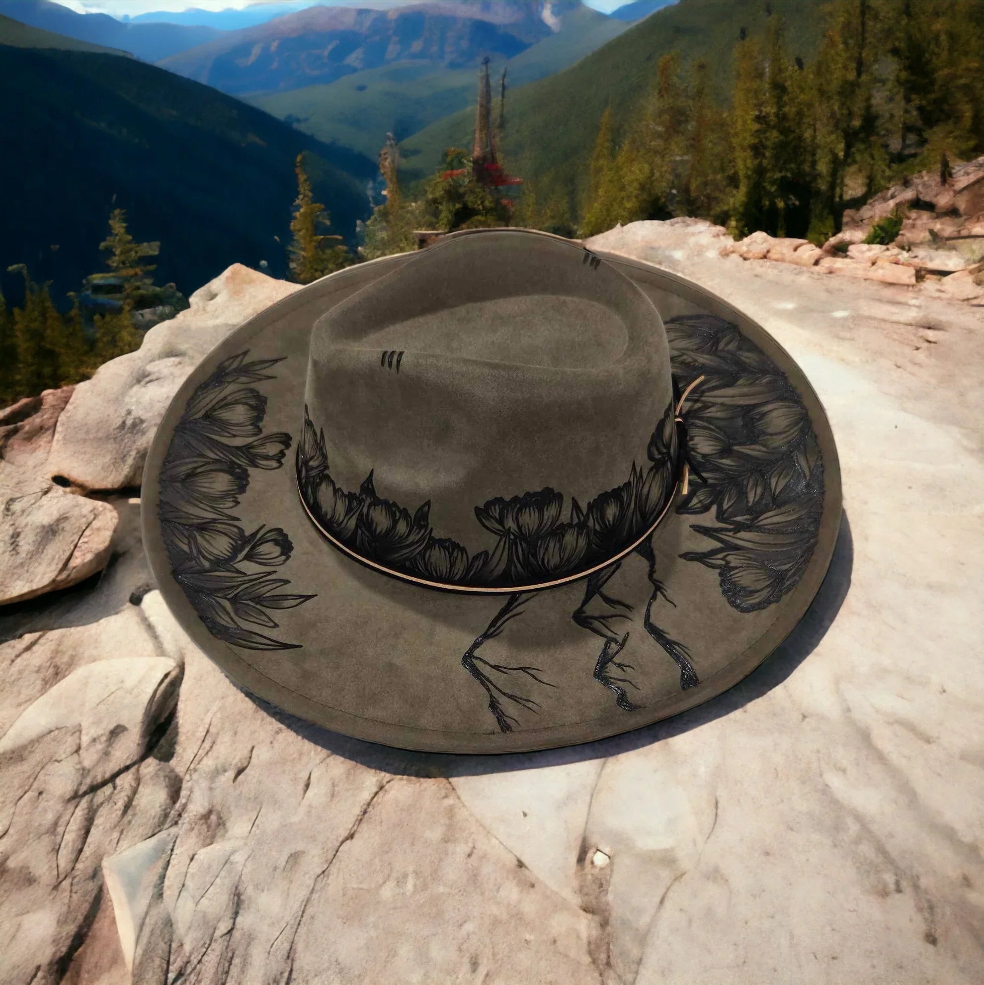 Ridges & Roses Burned Wide Brim Hat