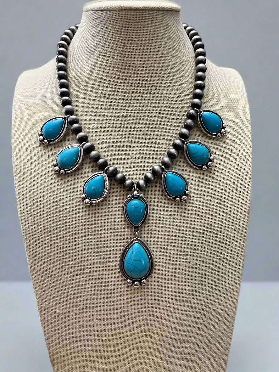 Turquoise Teardrop & Pearl Necklace