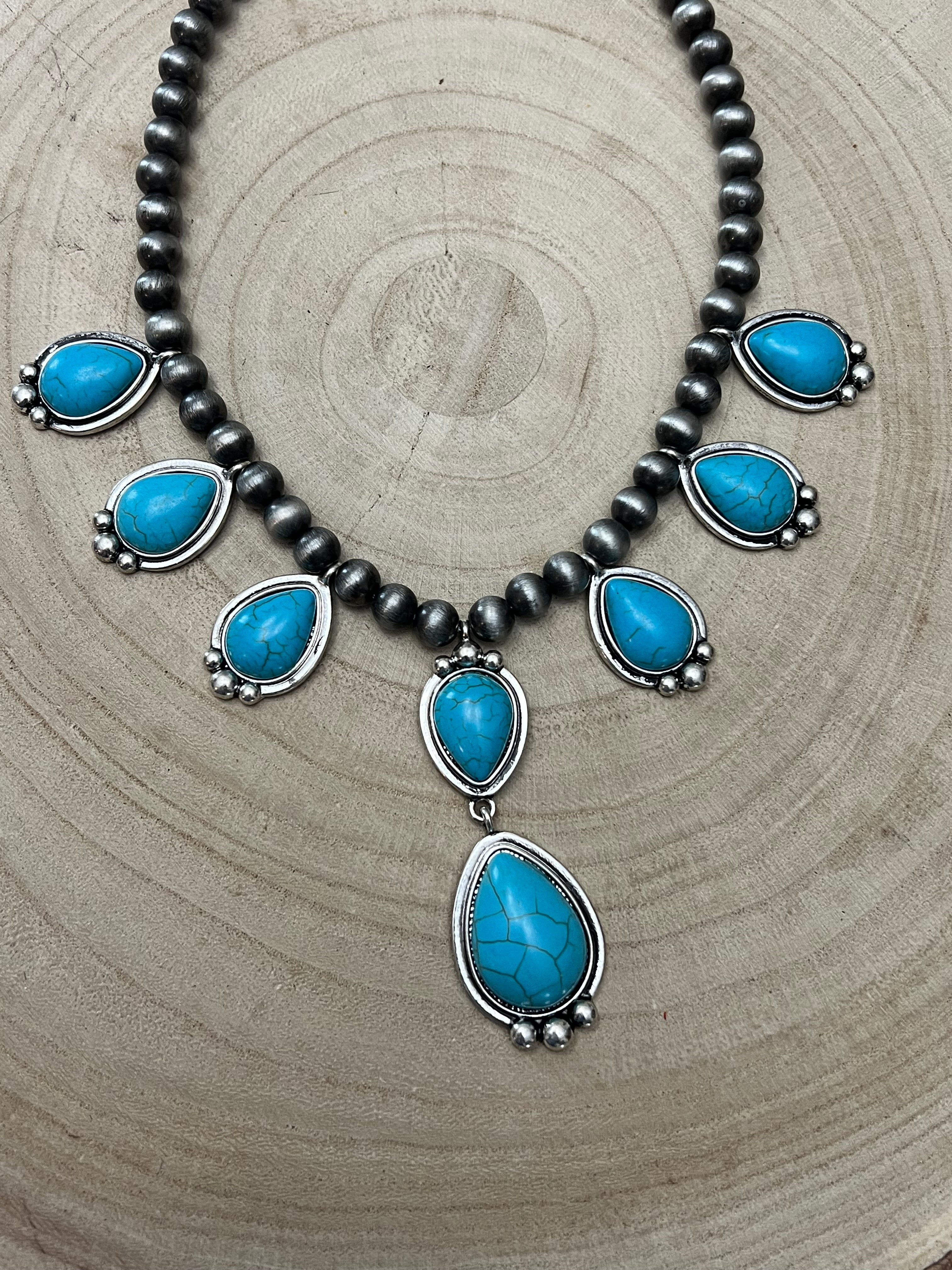 Turquoise Teardrop & Pearl Necklace