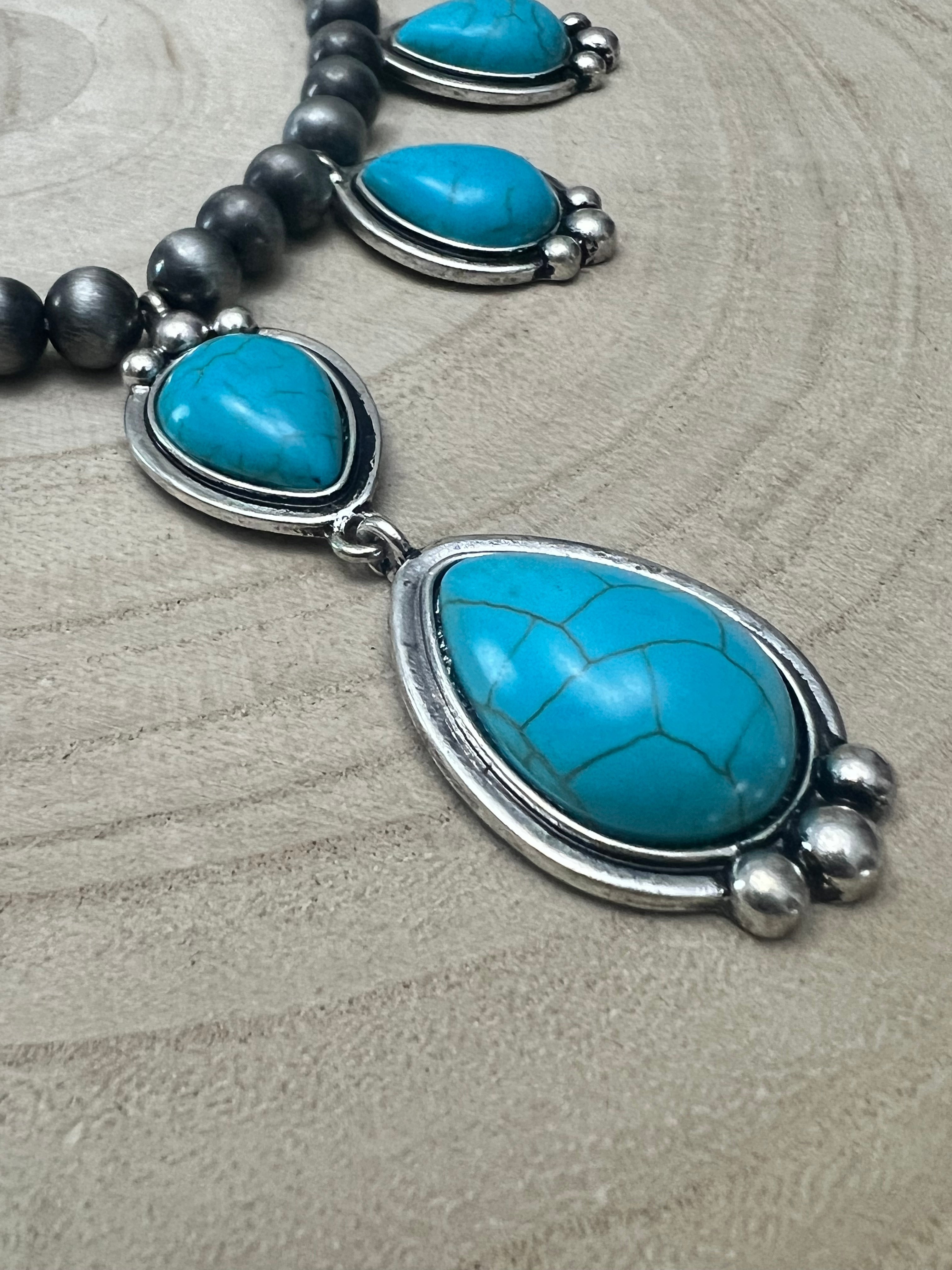 Turquoise Teardrop & Pearl Necklace