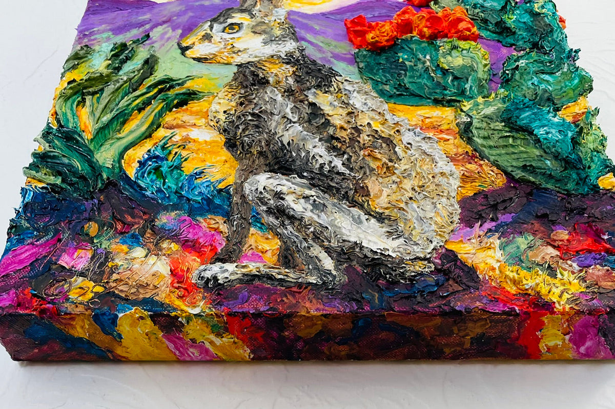 Jackrabbit and Blooming Cactus Original Oil Painting