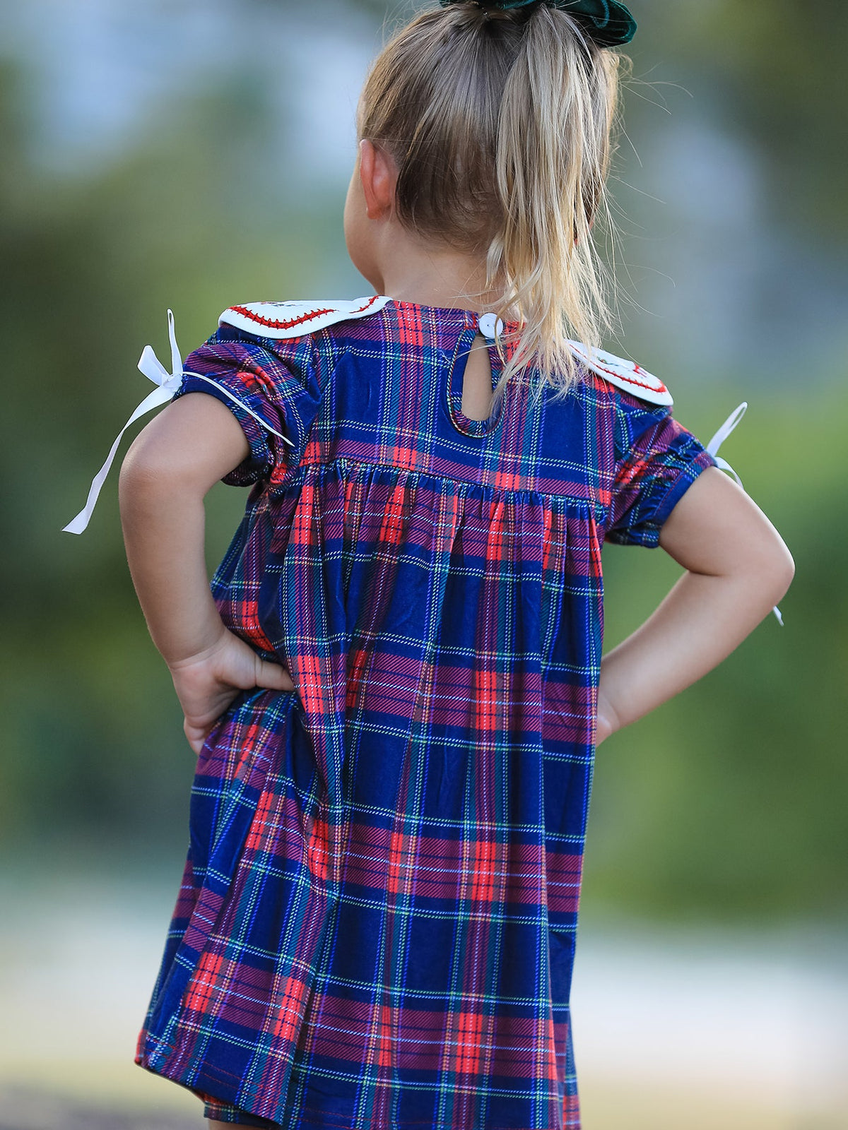 Navy Red Christmas Plaid Wreath Embroidered Girl Dress