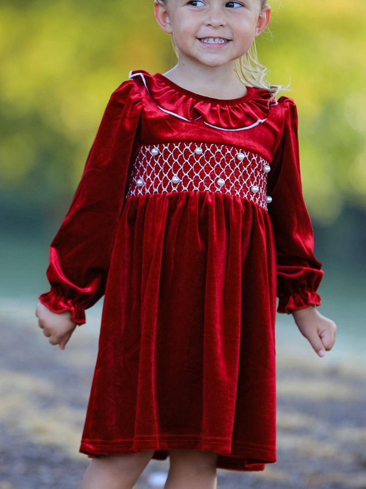 Girls Burgundy Velvet Smocked Christmas Dress | Holiday Party