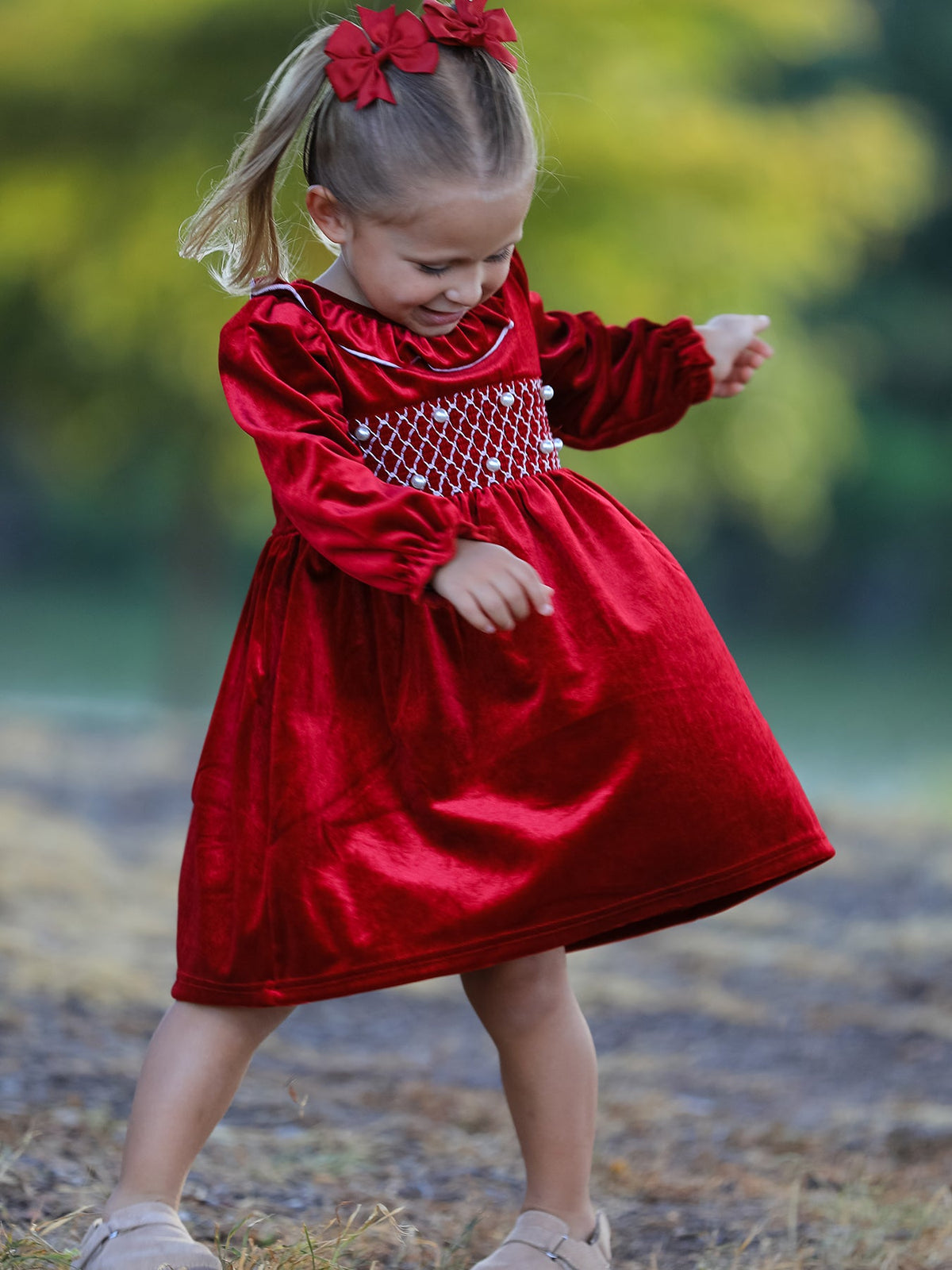 Girls Burgundy Velvet Smocked Christmas Dress | Holiday Party