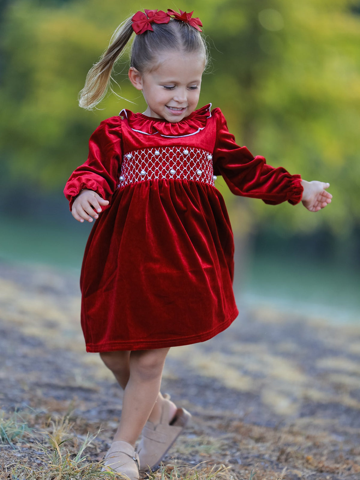 Girls Burgundy Velvet Smocked Christmas Dress | Holiday Party