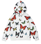 White hoodie with colorful butterfly patterns on a white background