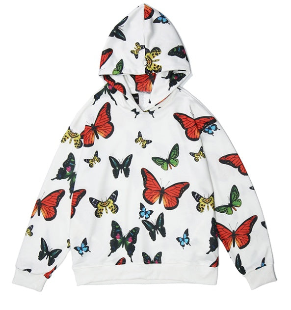 White hoodie with colorful butterfly patterns on a white background