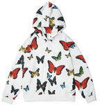 White hoodie with colorful butterfly pattern on a white background