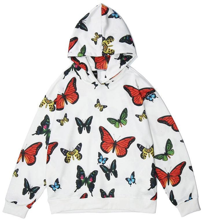 White hoodie with colorful butterfly pattern on a white background