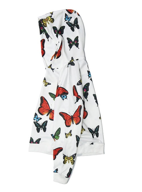 White scarf with colorful butterfly pattern on a white background