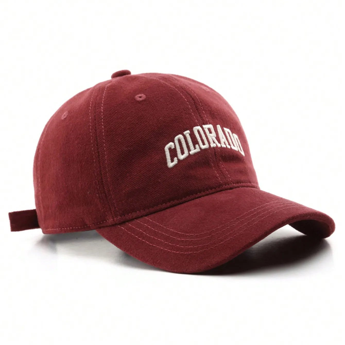 Maroon baseball cap with 'COLORADO' text on a white background