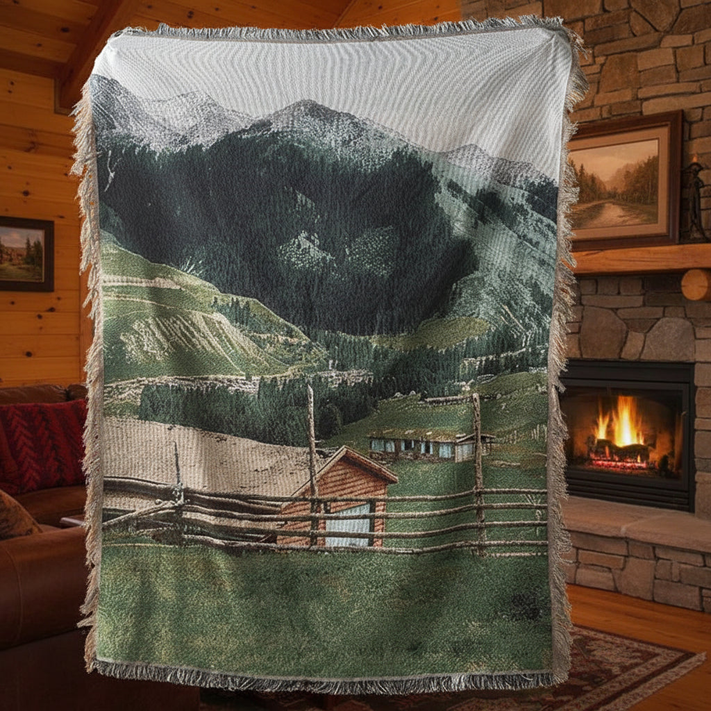 Blanket with a mountain and cabin design with a cozy cabin backdrop.