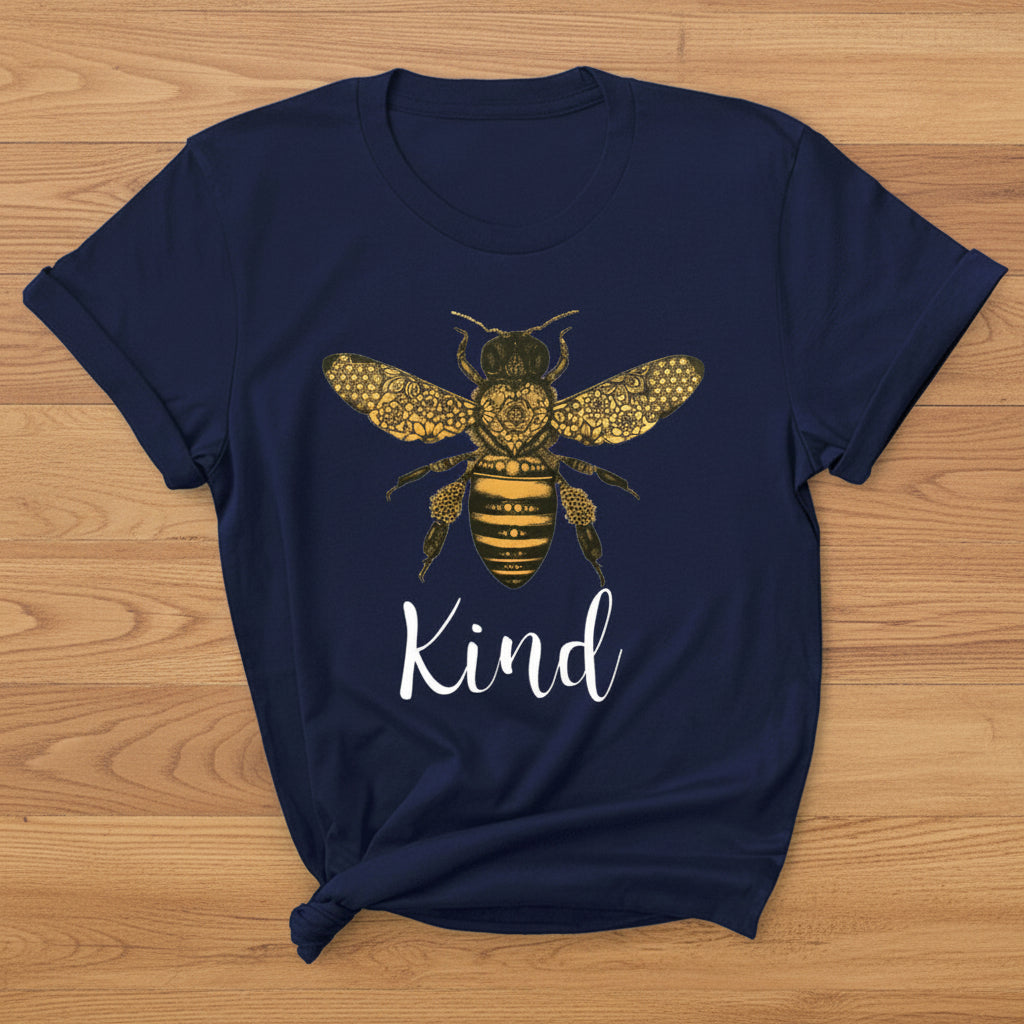 Navy blue t-shirt with a gold bee graphic and 'Kind' text on a white background