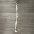Knotted white macrame plant hanger on a wooden surface.