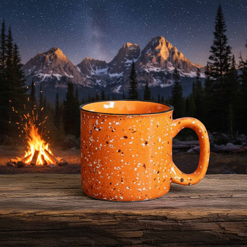 Orange mug on a wooden surface with a campfire and mountain landscape in the background