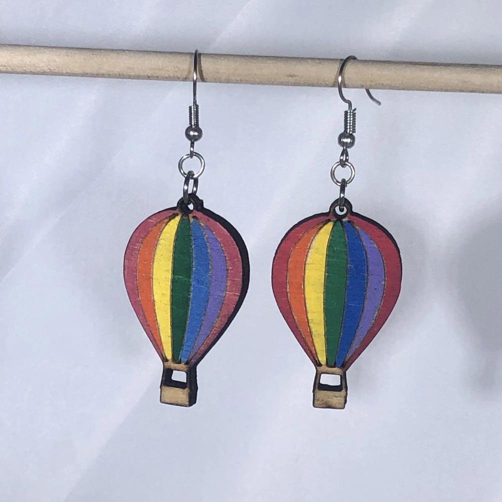Rainbow Hot Air Balloon Hand-Painted Wood Dangle Earrings