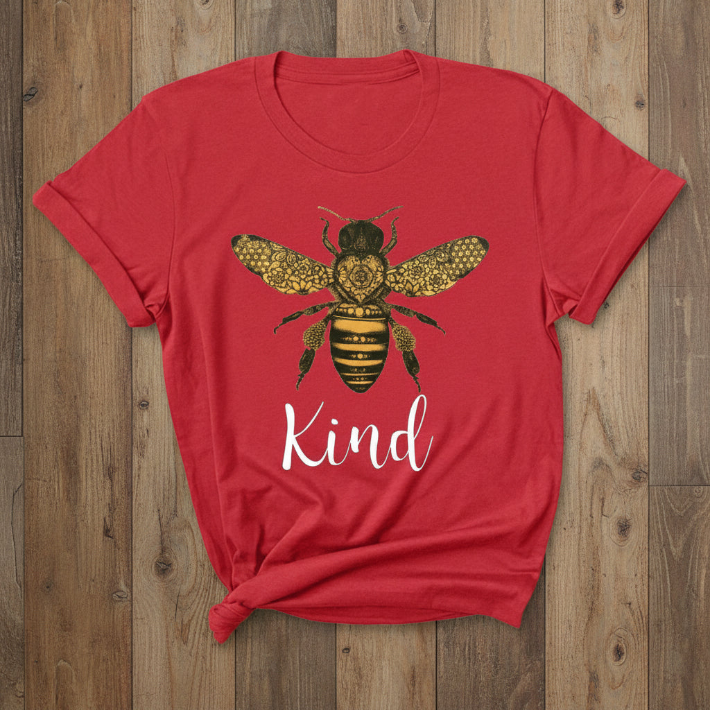 Red t-shirt with a bee graphic and 'Kind' text on a white background