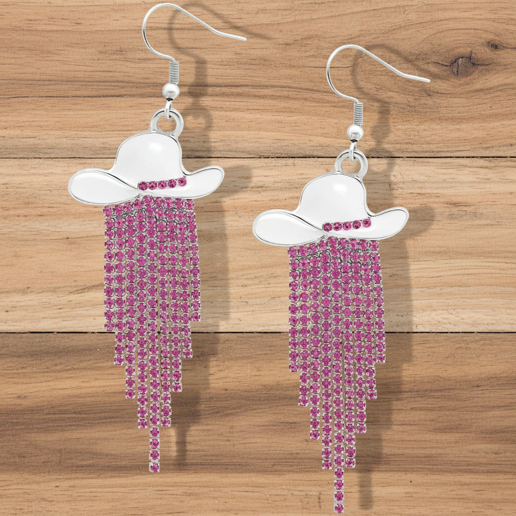 Sparkle Cowgirl Hat Fringe Earrings – Rhinestone Tassel Dangle Jewelry