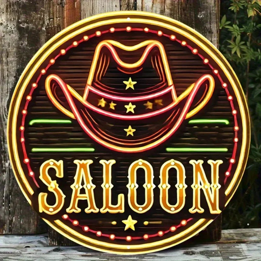 Neon Cowboy Hat Saloon Metal Sign