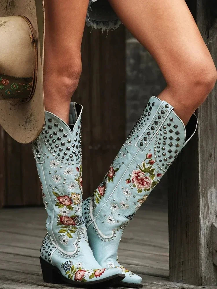 Floral Rivet Western Cowboy Boots