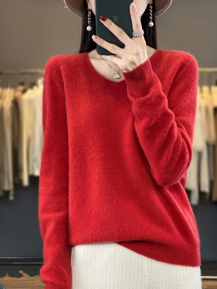 Women's 100% Merino Wool V-Neck Pullover Sweater