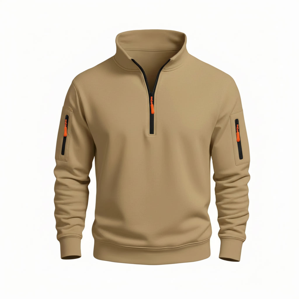 Tan pullover with a zipper on a white background