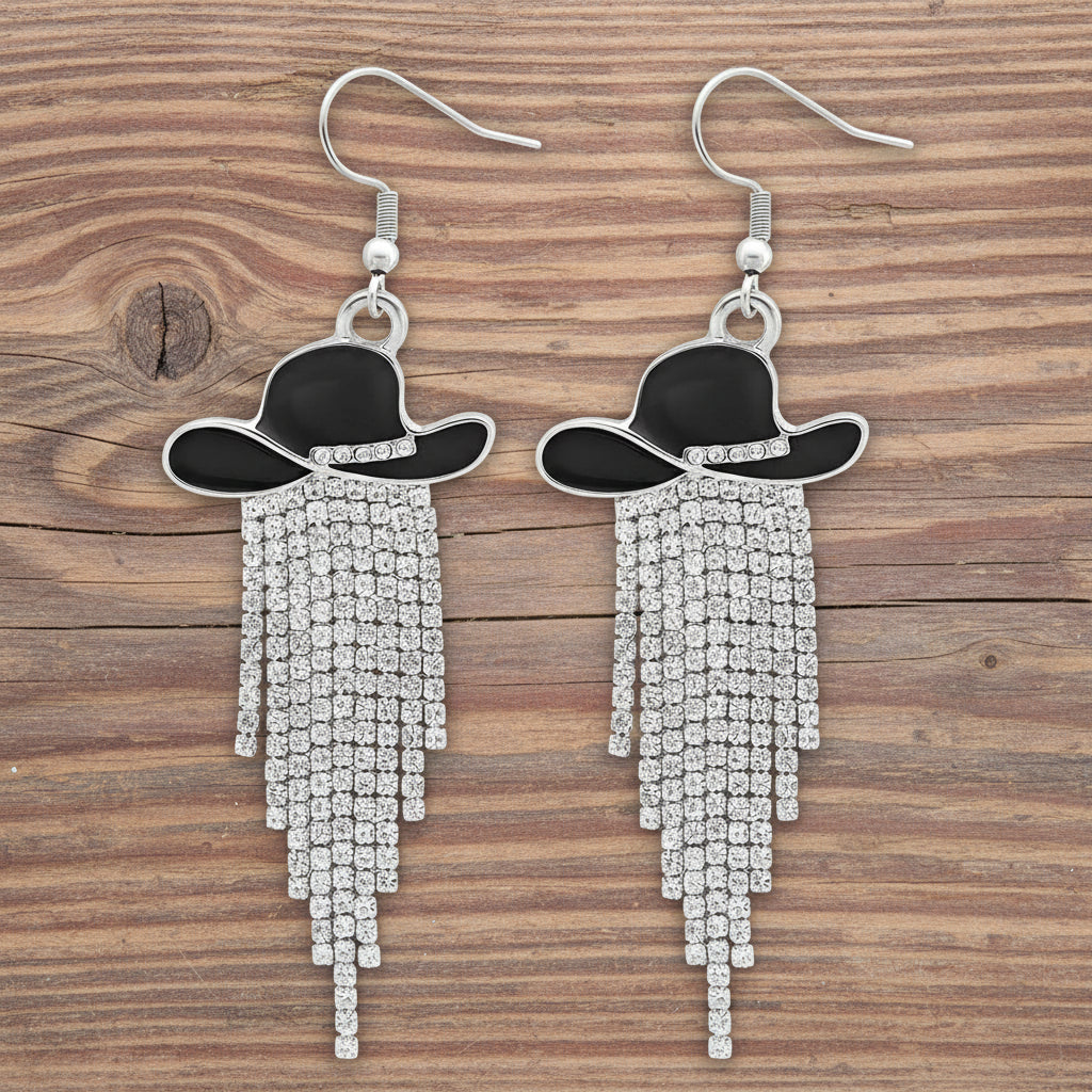 Sparkle Cowgirl Hat Fringe Earrings – Rhinestone Tassel Dangle Jewelry