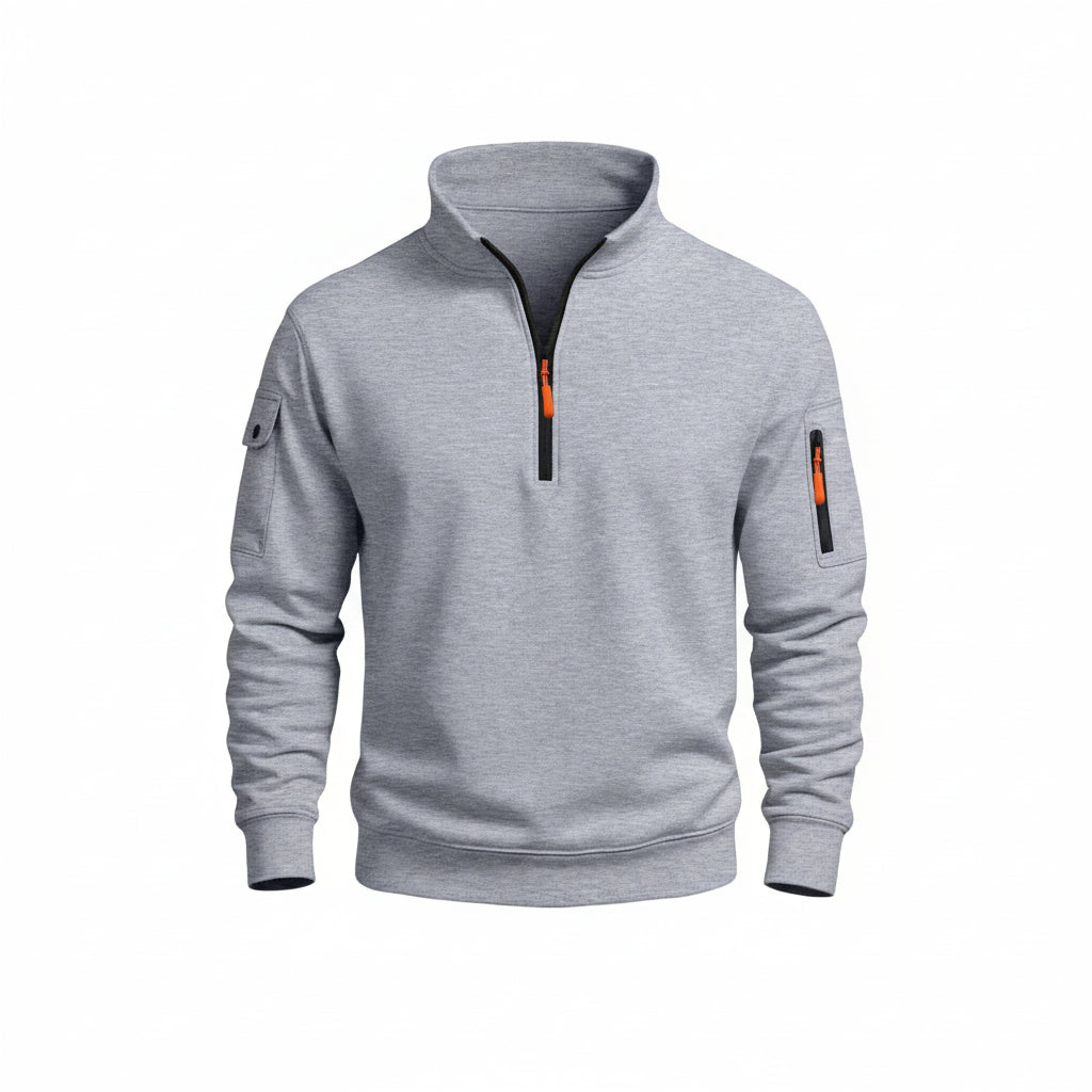 Gray sweatshirt with a zipper on a white background