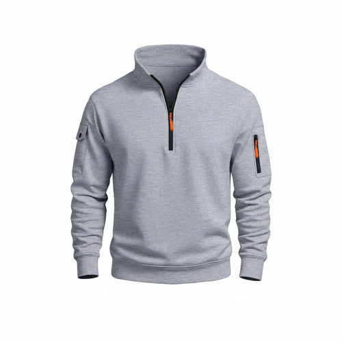 Gray sweatshirt with a zipper on a white background