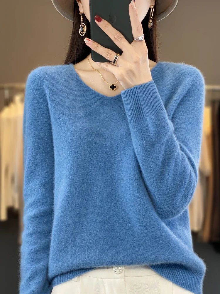Women's 100% Merino Wool V-Neck Pullover Sweater