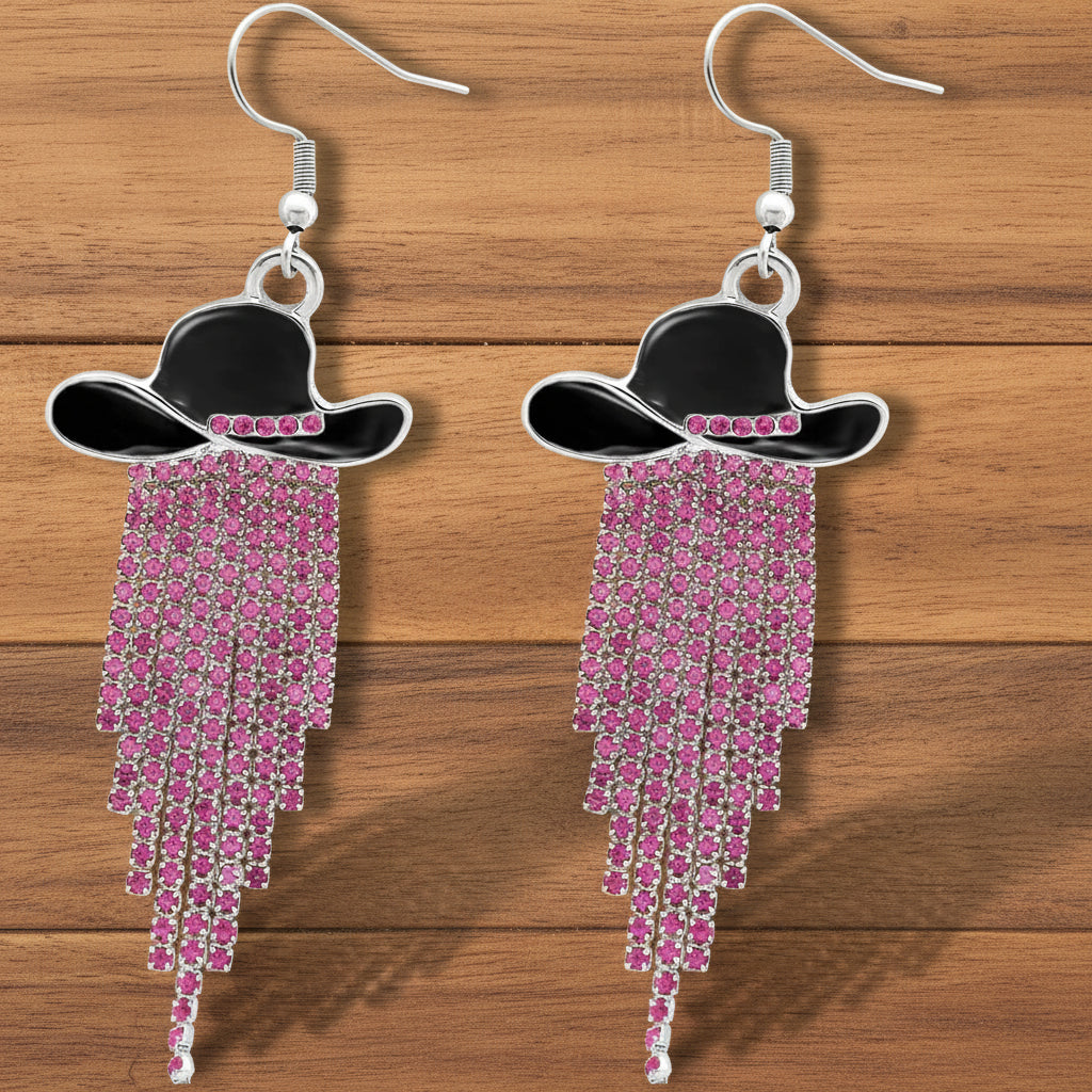 Sparkle Cowgirl Hat Fringe Earrings – Rhinestone Tassel Dangle Jewelry