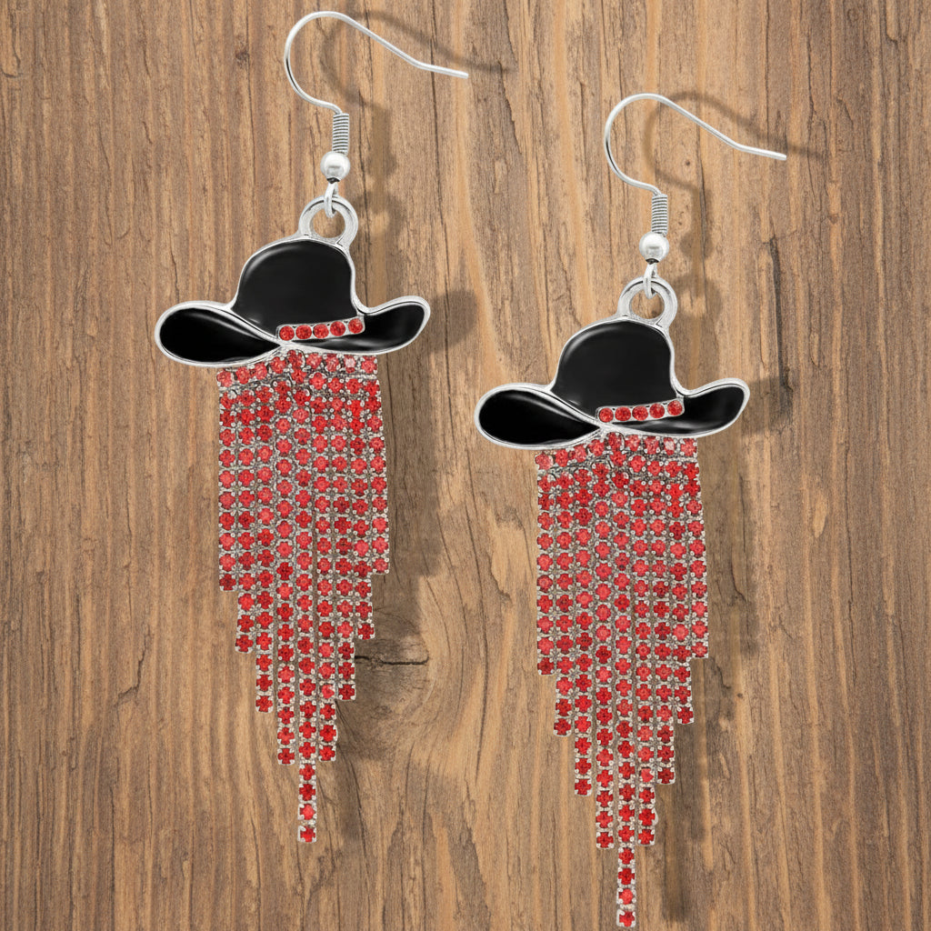 Sparkle Cowgirl Hat Fringe Earrings – Rhinestone Tassel Dangle Jewelry