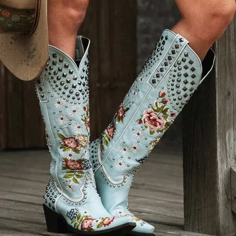 Floral Rivet Western Cowboy Boots