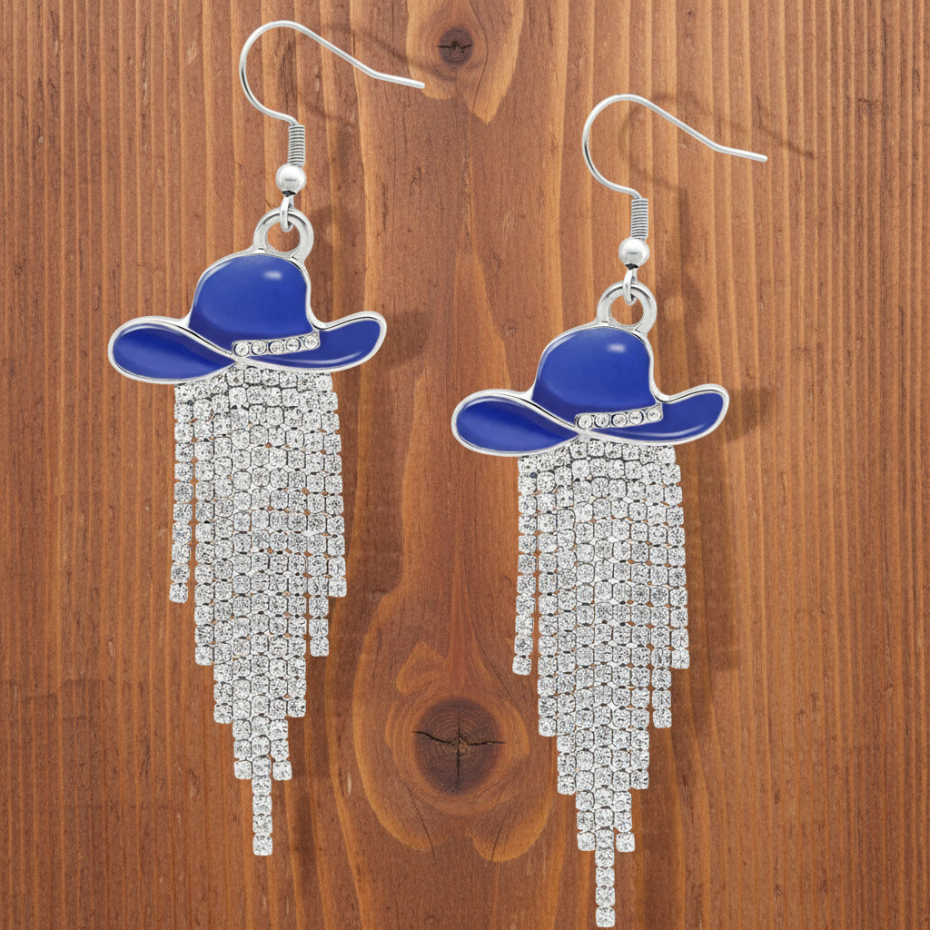 Sparkle Cowgirl Hat Fringe Earrings – Rhinestone Tassel Dangle Jewelry