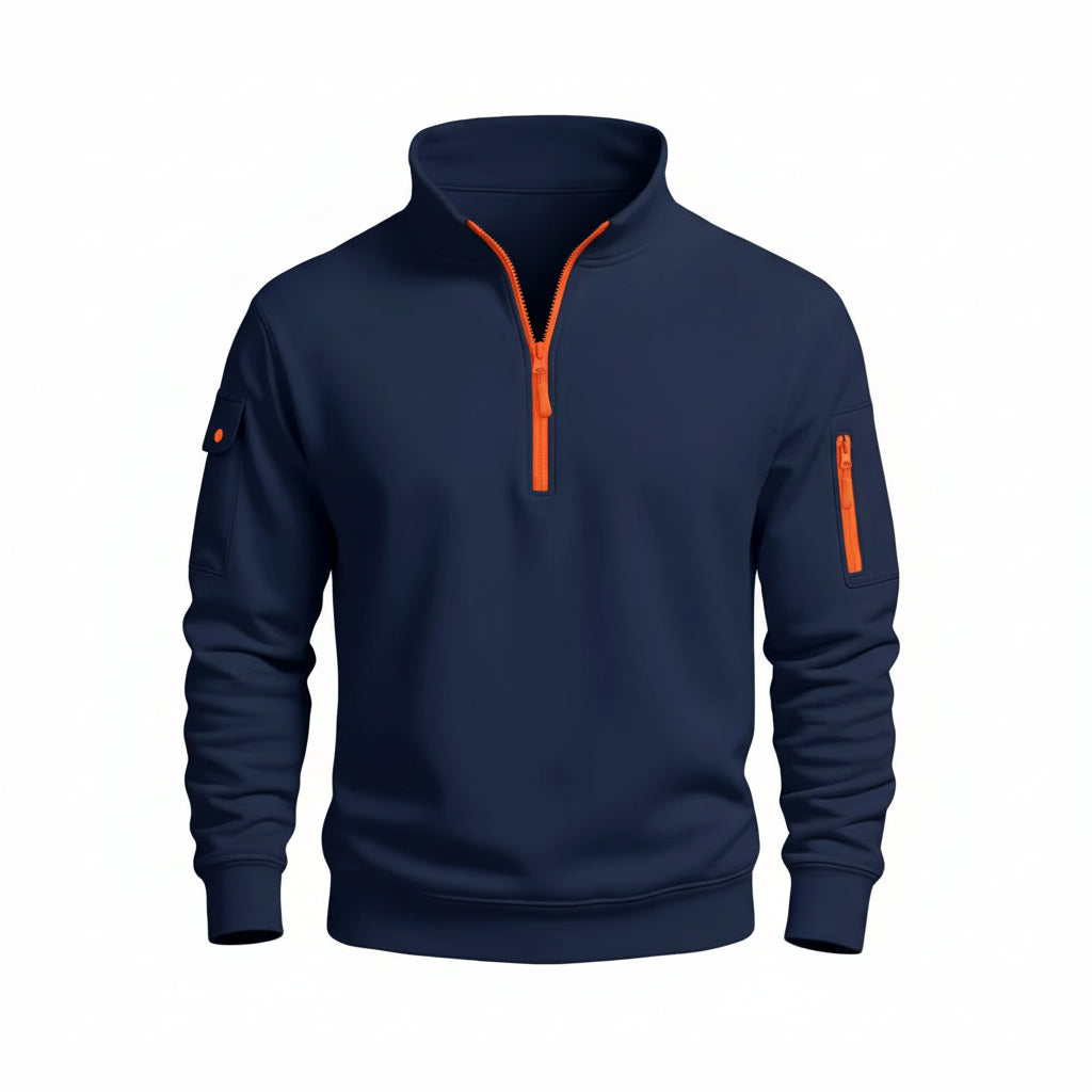 Navy blue pullover with orange zippers on a white background
